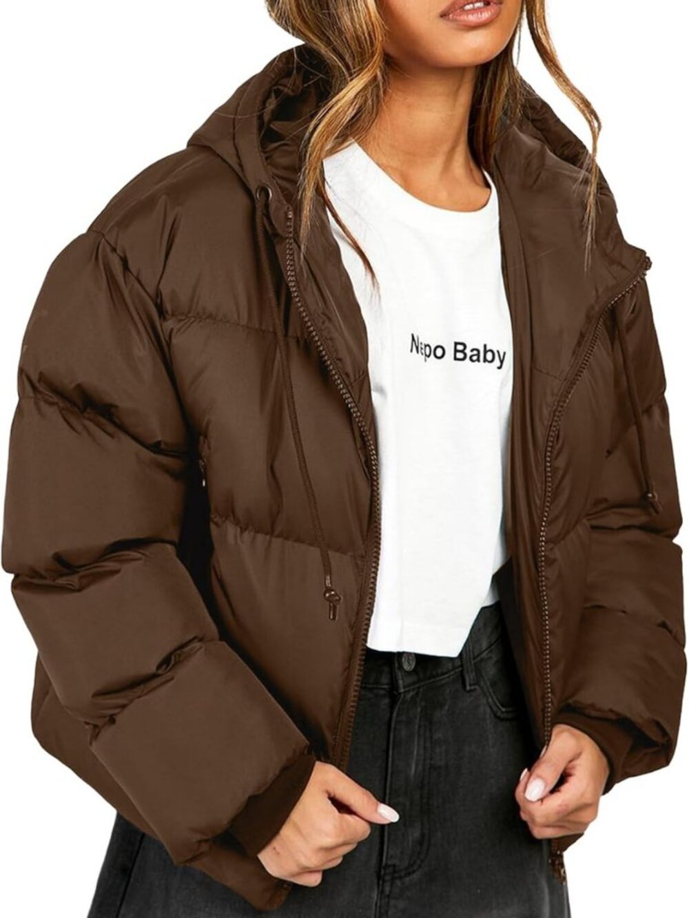 Cropped Hooded Puffer Jacket for Women - Winter Quilted Outerwear, Warm